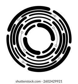 Abstract technical black frame isolated on white background. Segmented circle with rotation. Circular and radial lines. Radiating arc lines. Abstract vector monochrome illustration.