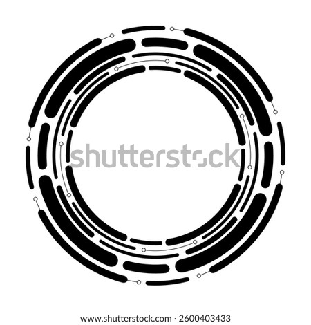 Abstract technical black frame isolated on white background. Segmented circle with rotation. Circular and radial lines. Radiating arc lines. Abstract vector monochrome illustration.