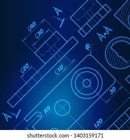 Abstract technical design. Architectural blueprint. Mechanics blueprints. Detailed plan. Technical drawing background. Graphic design elements. Mechanical engineering drawings. Vector Illustration 
