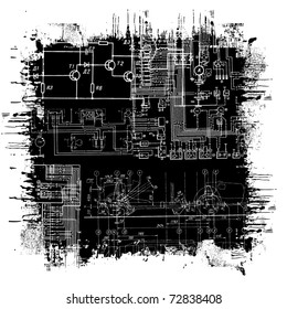 abstract technical drawing in grunge black square