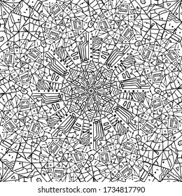Abstract technical pattern on a white background. Stock detailed theme with circuit boards and geometric shapes. Stock vector illustration for print, decoration, covers and coloring pages.