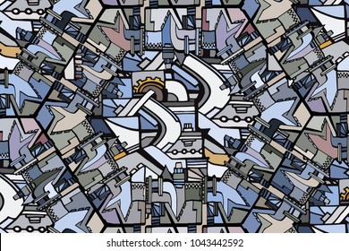 Abstract technical pattern with sketch elements. Vector background with decorative industrial or machine parts. Hand drawn.