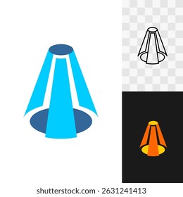 Abstract technical symbol of three wide rays of emitting light going from top to bottom surface. Rotation conical 3D frame figure logo