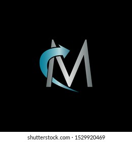 Abstract Techno Arrow Letter M logo icon design concept  blue metal and silver color.