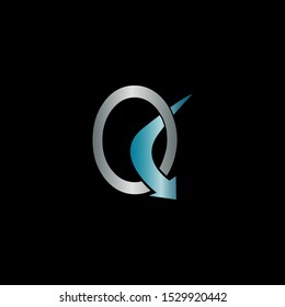Abstract Techno Arrow Letter Q logo icon design concept  blue metal and silver color.