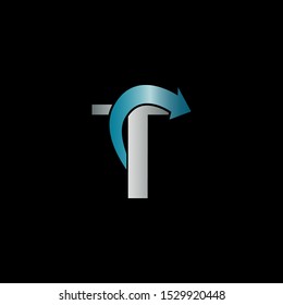 Abstract Techno Arrow Letter T logo icon design concept  blue metal and silver color.