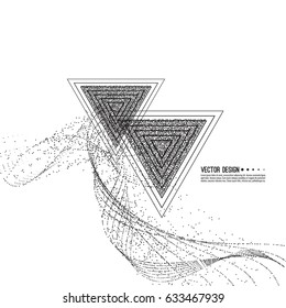 Abstract techno background with atom, molecule triangle. Dynamic stream fragments of dot.