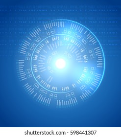 Abstract techno background. Bright transparency round touch panel element future interface on blue backdrop display with diagnostic data information. Vector