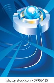 Abstract techno background with glossy sphere surrounded by metal rings, vector illustration