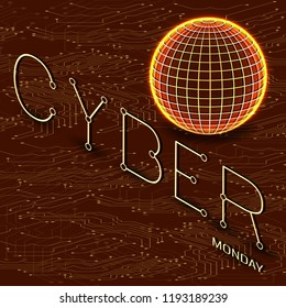 Abstract techno background. Isometrics. Illustration of a microcircuit. Event name, glowing geo ball