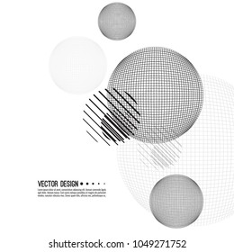 Abstract techno background with mesh sphere. Vector dynamical round element. Black and white circle striped.