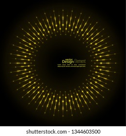 Abstract techno background with rays with glowing particles. Tech design. Lights vector frame. Glowing dots. Round banner of pixels. Geometric Shapes. yellow, gold