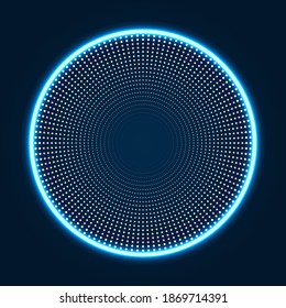 Abstract techno background with spirals and rays with glowing particles.
