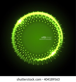 Abstract techno background with spirals and rays with glowing particles.