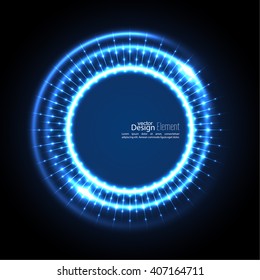 Abstract techno background with spirals and rays with glowing particles.