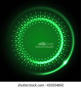 Abstract techno background with spirals and rays with glowing particles. 