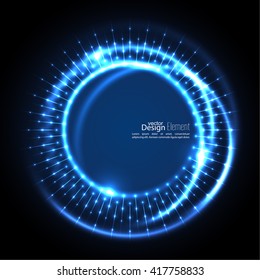 Abstract techno background with spirals and rays with glowing particles. 