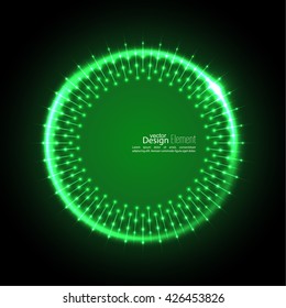 Abstract techno background with spirals and rays with glowing particles. 