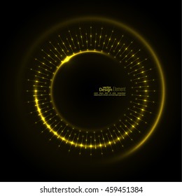 Abstract techno background with spirals and rays with glowing particles. Tech design. Lights vector frame. 