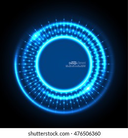 Abstract techno background with spirals and rays with glowing particles. 