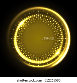 Abstract techno background with spirals and rays with glowing particles. Lights vector frame. 
