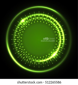 Abstract techno background with spirals and rays with glowing particles. Lights vector frame. 