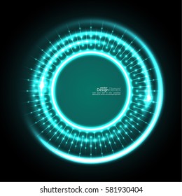 Abstract techno background with spirals and rays with glowing particles. 