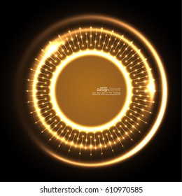 Abstract techno background with spirals and rays with glowing particles. 