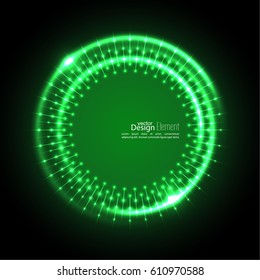 Abstract techno background with spirals and rays with glowing particles. 