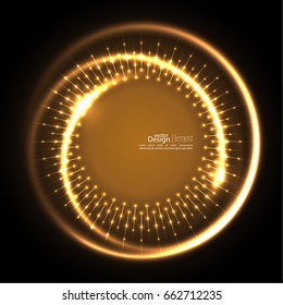 Abstract techno background with spirals and rays with glowing particles. 