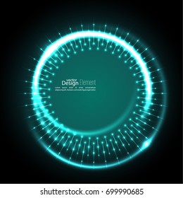 Abstract techno background with spirals and rays with glowing particles. Lights vector frame. 