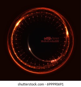 Abstract techno background with spirals and rays with glowing particles. Lights vector frame. 