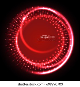 Abstract techno background with spirals and rays with glowing particles. Lights vector frame. 