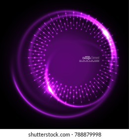 Abstract techno background with spirals and rays with glowing particles. Lights vector frame. 