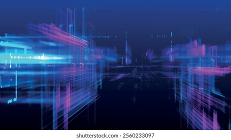 Abstract techno background. Three-dimensional composition of intersecting multi-colored grids. Information technology concept. Digital cyberspace with particles. 3d vector illustration