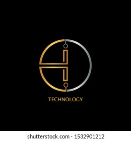 Abstract Techno Circle line Letter I logo icon design concept with gold and silver color for technology business or more brands.