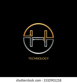 Abstract Techno Circle line Letter H logo icon design concept with gold and silver color for technology business or more brands.