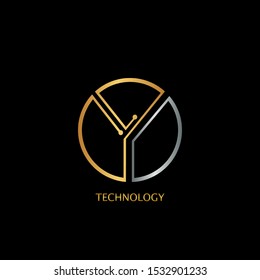 Abstract Techno Circle line Letter Y logo icon design concept with gold and silver color for technology business or more brands.