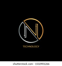 Abstract Techno Circle line Letter N logo icon design concept with gold and silver color for technology business or more brands.
