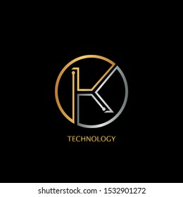 Abstract Techno Circle line Letter K logo icon design concept with gold and silver color for technology business or more brands.