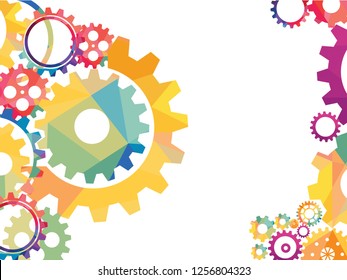 Abstract techno gear background with geometric colorful gear wheels. Space for gear text. Vector gears modern mechanism industrial concept. Technology gears background. Gears Vector illustration 