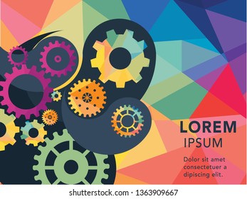 Abstract techno gear background with geometric colorful gear wheels. Space for gear text. Vector gears modern mechanism industrial concept. Technology gears background. gears Vector illustration 