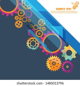 Abstract techno gear background with geometric colorful gear wheels. Space for gear text. Vector gears modern mechanism industrial concept. Technology gears background. Gears Vector illustration 