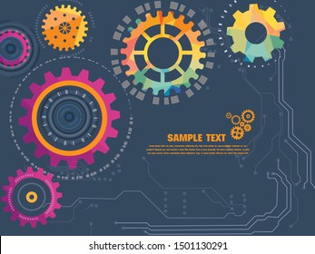 Abstract techno gear background with geometric colorful gear wheels. Space for gear text. Vector gears modern mechanism industrial concept. Technology gears background. Gears Vector illustration 