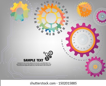 Abstract techno gear background with geometric colorful gear wheels. Space for gear text. Vector gears modern mechanism industrial concept. Technology gears background. Gears Vector illustration 