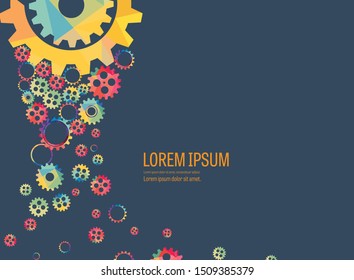 Abstract techno gear background with geometric colorful gear wheels. Space for gear text. Vector gears modern mechanism industrial concept. Technology gears background. Gears Vector illustration 