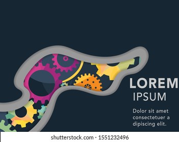 Abstract techno gear background with geometric colorful gear wheels. Space for gear text. Vector gears modern mechanism industrial concept. Technology gears background. Gears Vector illustration 