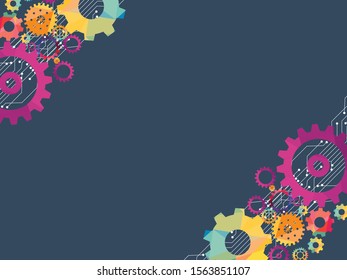 Abstract techno gear background with geometric colorful gear wheels. Space for gear text. Vector gears modern mechanism industrial concept. Technology gears background. Gears Vector illustration 