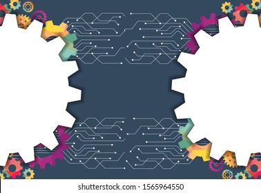 Abstract techno gear background with geometric colorful gear wheels. Space for gear text. Vector gears modern mechanism industrial concept. Technology gears background. Gears Vector illustration 