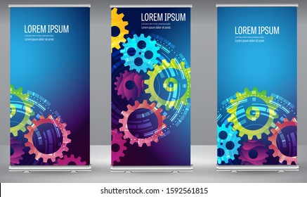 Abstract techno gear background with geometric colorful gear wheels. Space for gear text. Vector gears modern mechanism industrial concept. Technology gears background. Gears Vector illustration 